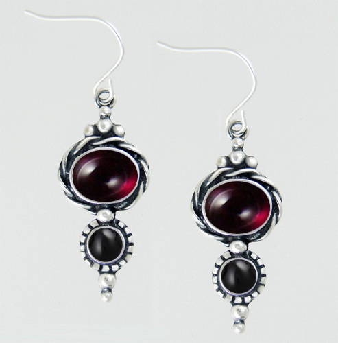 Sterling Silver Garnet And Black Onyx Gemstone Drop Dangle Earrings